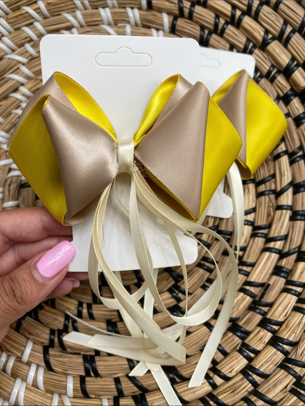 Yellow and Champagne Satin Bow Hair Clips with Cream Streamers